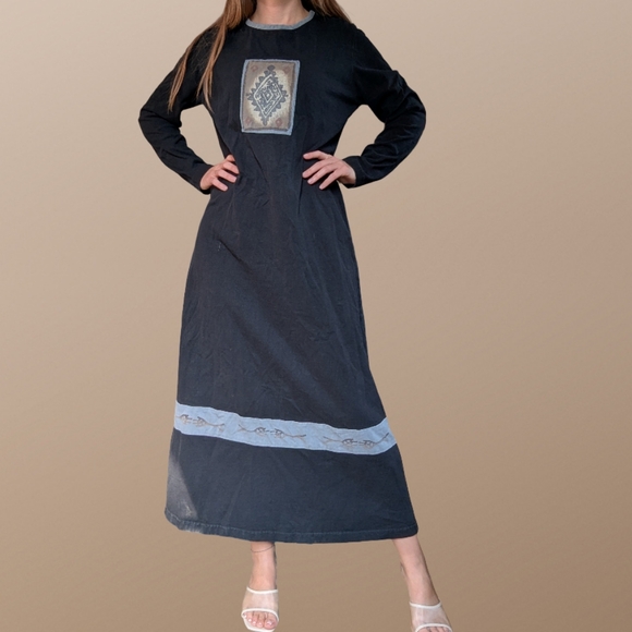 Vintage Blue Cactus 100% Pre Shrunk Cotton Maxi Dress With Southwestern Design - Picture 9 of 9